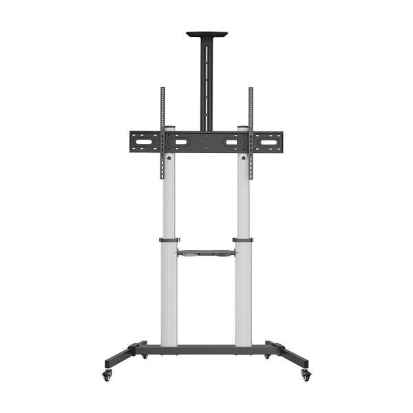 Aisens Soporte de suelo PRO con ruedas, bandeja para DVD y soporte de cámara para Monitor/TV 100Kg de 60-100, Negro-Plata