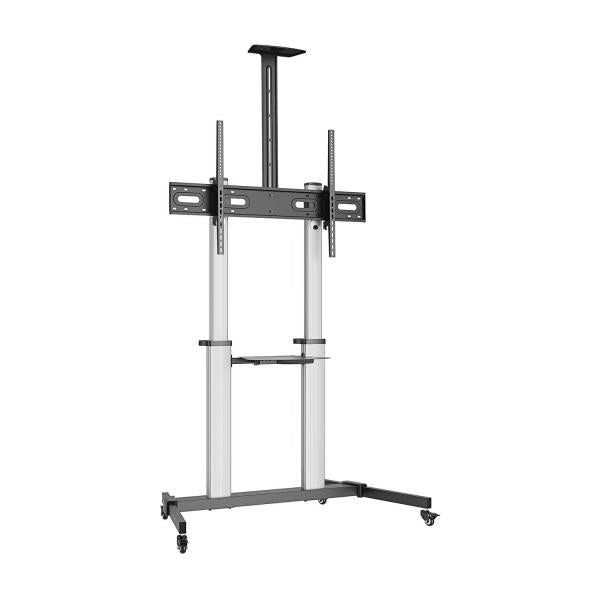 Aisens Soporte de suelo PRO con ruedas, bandeja para DVD y soporte de cámara para Monitor/TV 100Kg de 60-100, Negro-Plata