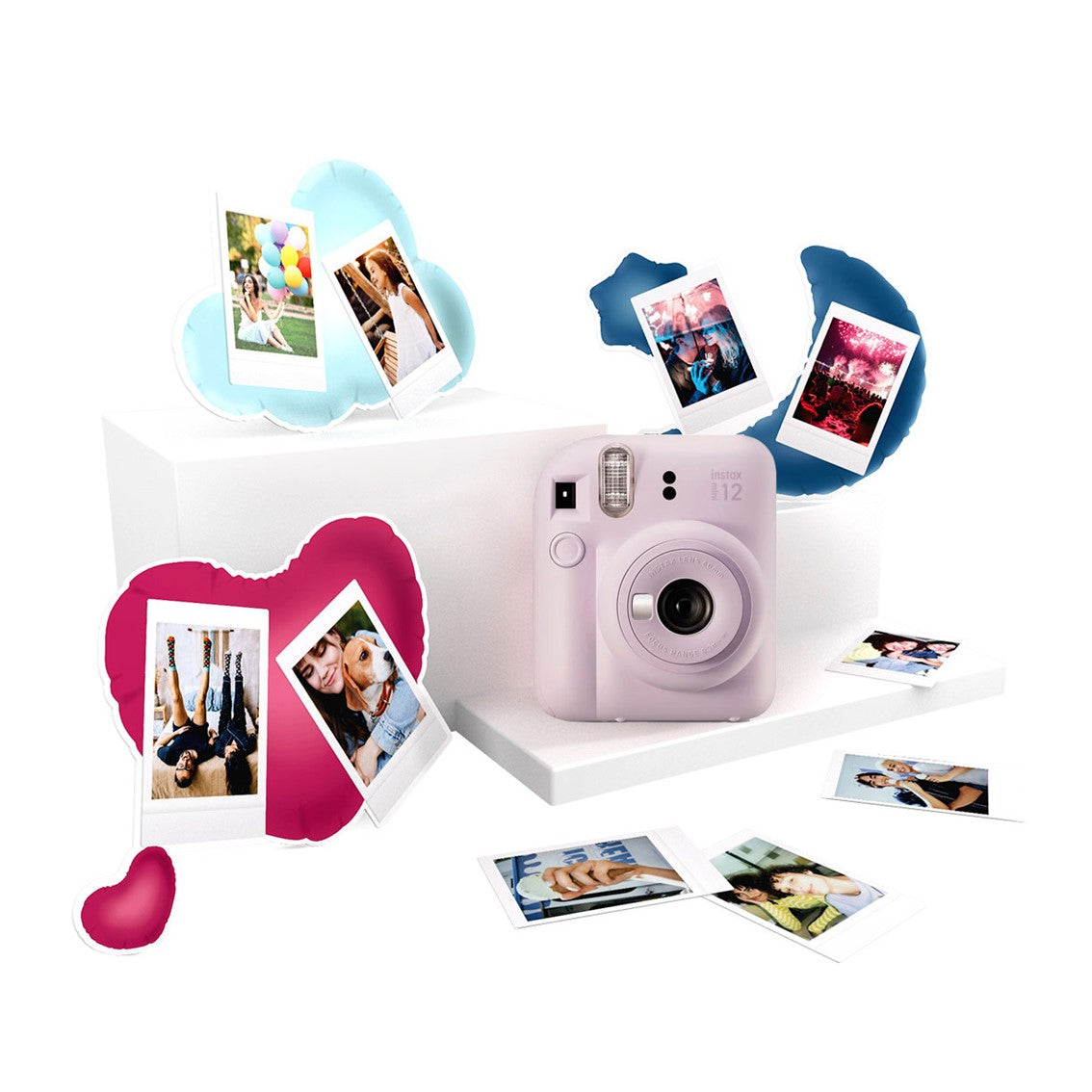 Kit camara fujifilm mini instax 12 color purpura + papel 10 fotos + 3 portara retratos