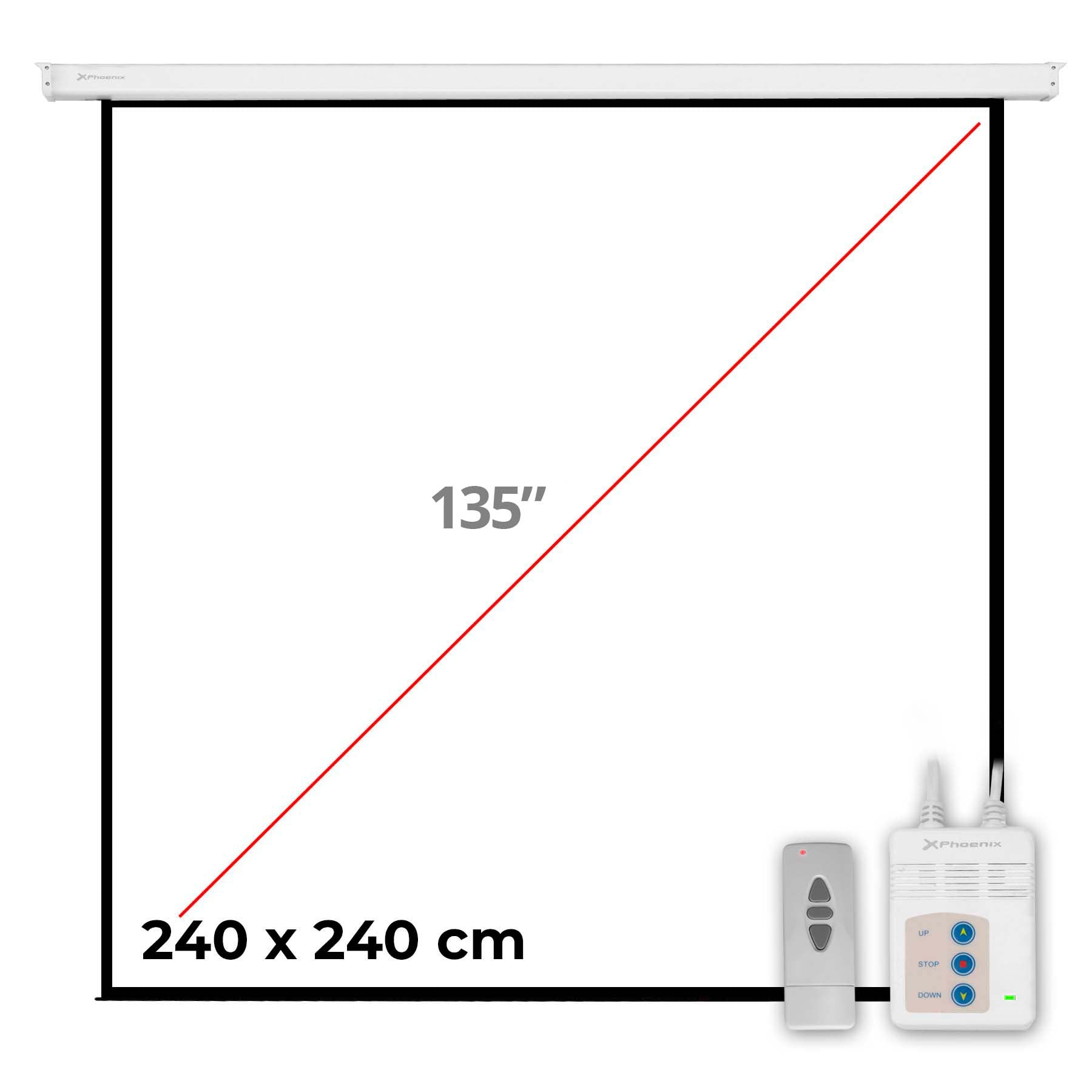 Pantalla electrica videoproyector pared y techo phoenix 135ratio 1:1 - 4:3 - 16:9 2.4m x 2.4m posicion adjustable - carcasa blanca - tela super resistente