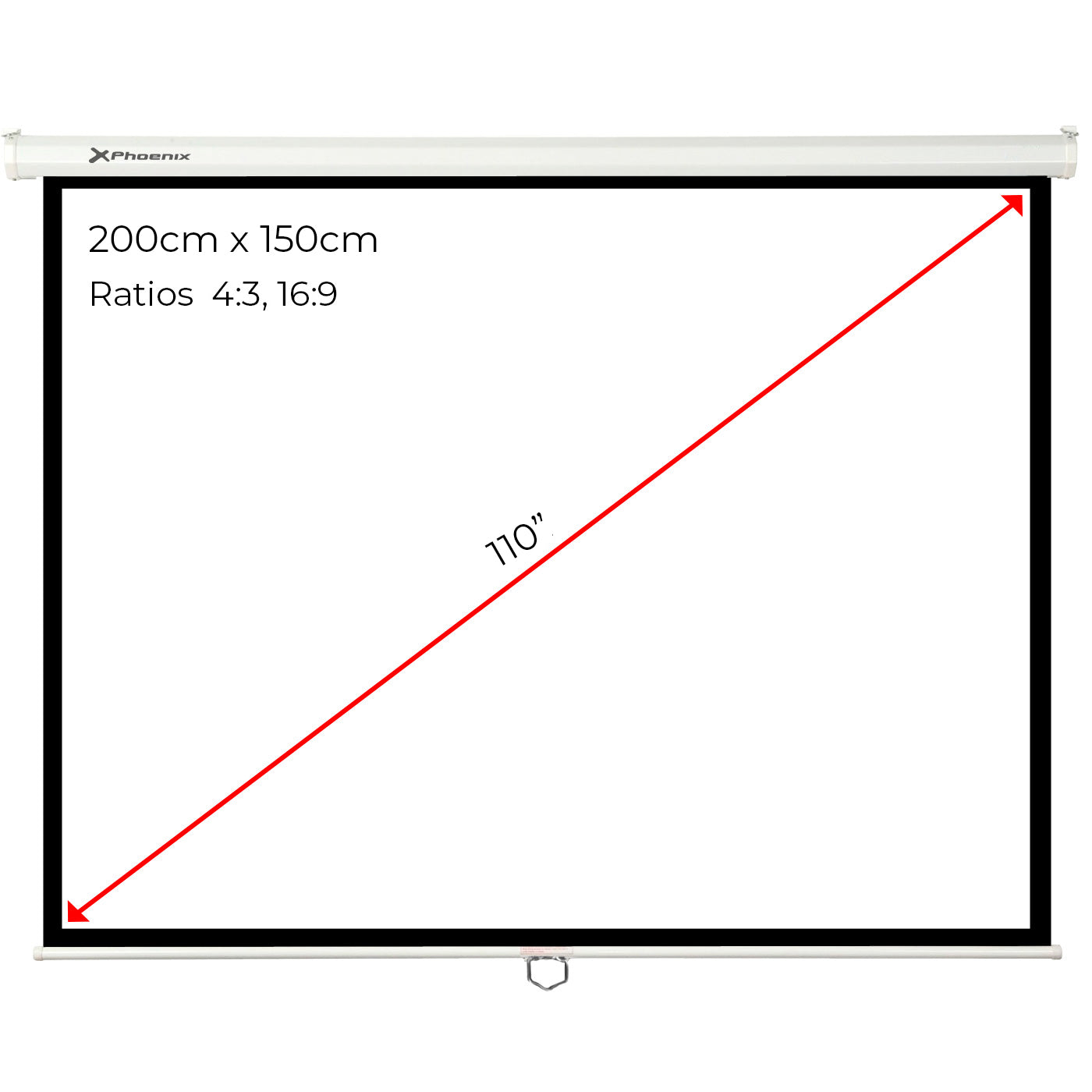 Pantalla manual videoproyector pared y techo phoenix 100 ratio 4:3 - 16:9 2m x 1.5m posicion ajustable - carcasa blanca - tela super resistente